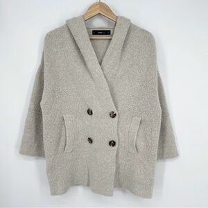 Zara Women's Beige Double-Breasted Hooded Sweater Jacket Size M